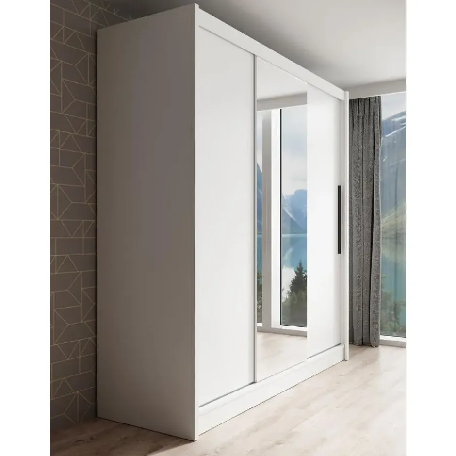 Meubella - Kledingkast Alcamo - Wit - 205 cm - Met spiegel