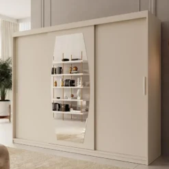 Meubella - Kledingkast Azai - Beige - 250 cm - Met spiegel