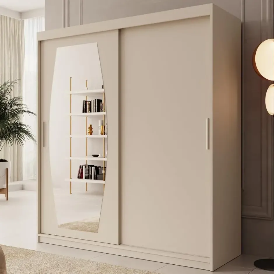Meubella - Kledingkast Azai - Beige - 180 cm - Met spiegel