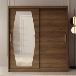 Meubella - Kledingkast Azai - Walnootpatroon - 180 cm - Met spiegel