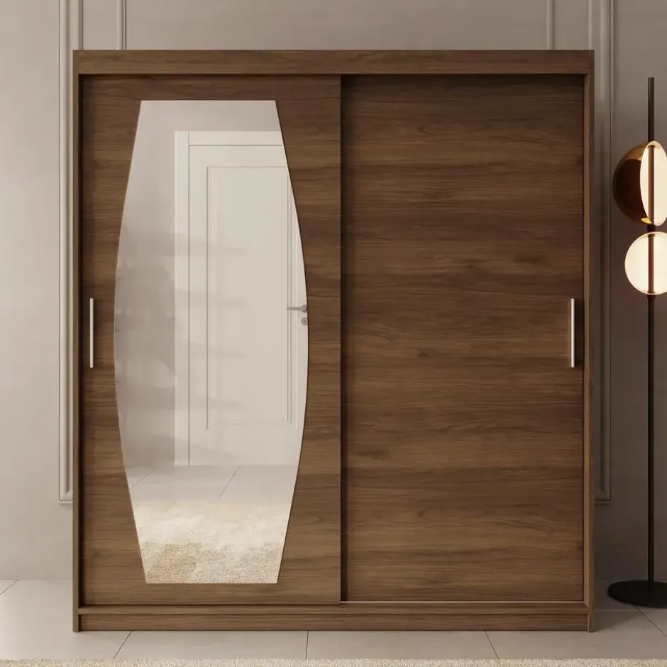 Meubella - Kledingkast Azai - Walnootpatroon - 180 cm - Met spiegel
