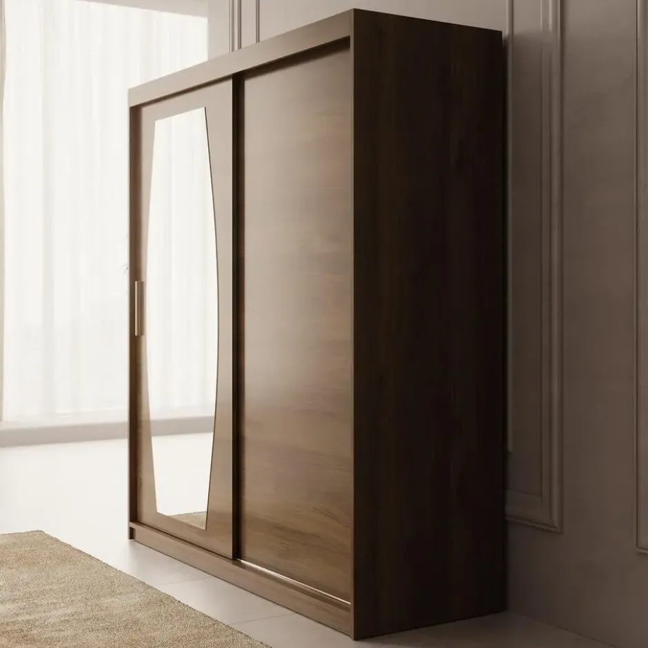 Meubella - Kledingkast Azai - Walnootpatroon - 180 cm - Met spiegel
