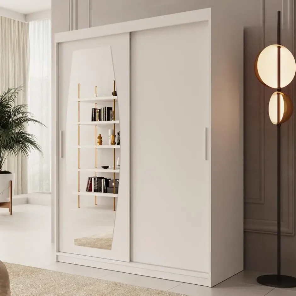 Meubella - Kledingkast Azai - Wit - 150 cm - Met spiegel