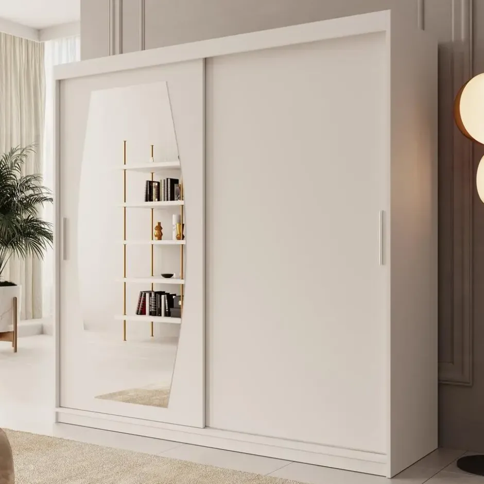 Meubella - Kledingkast Azai - Wit - 200 cm - Met spiegel