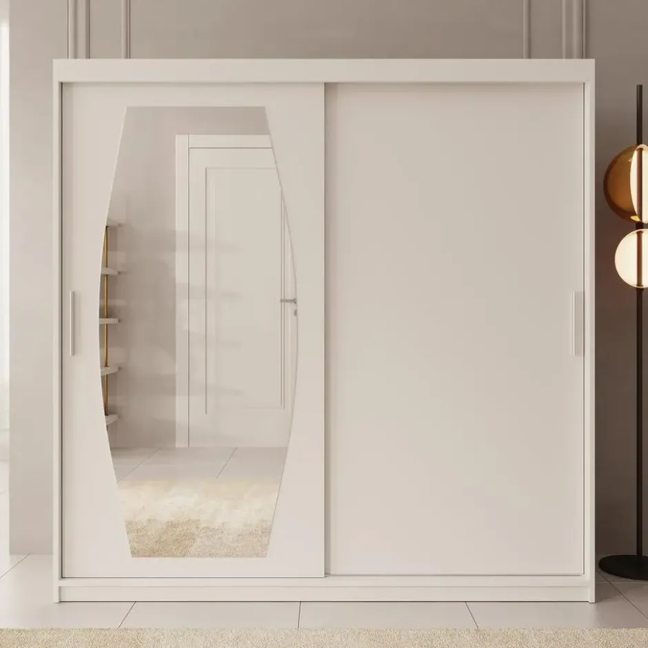 Meubella - Kledingkast Azai - Wit - 200 cm - Met spiegel