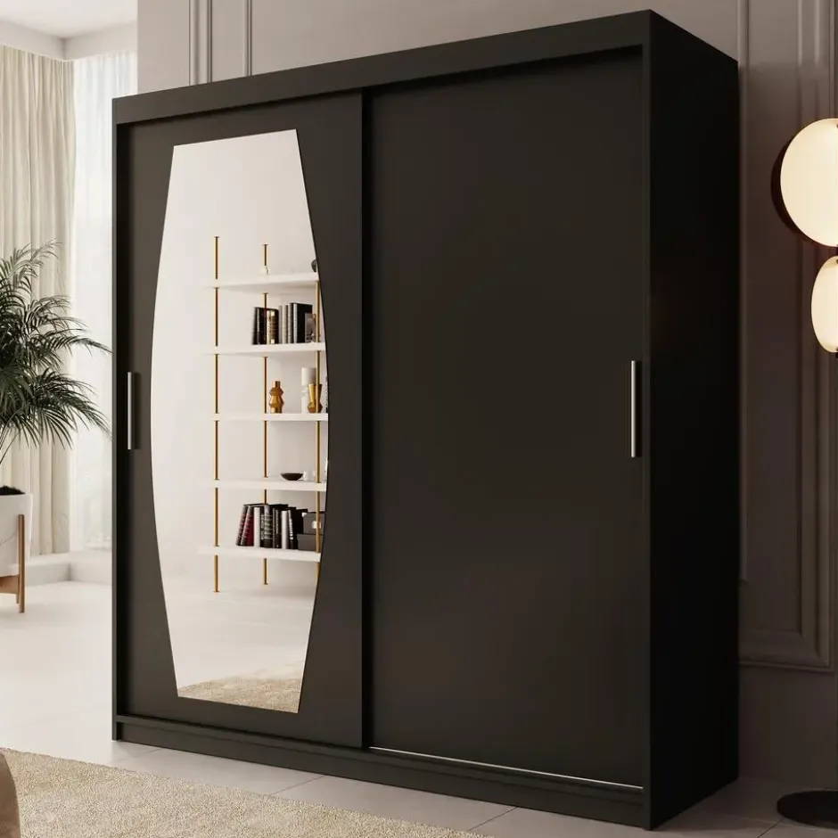 Meubella - Kledingkast Azai - Zwart - 180 cm - Met spiegel