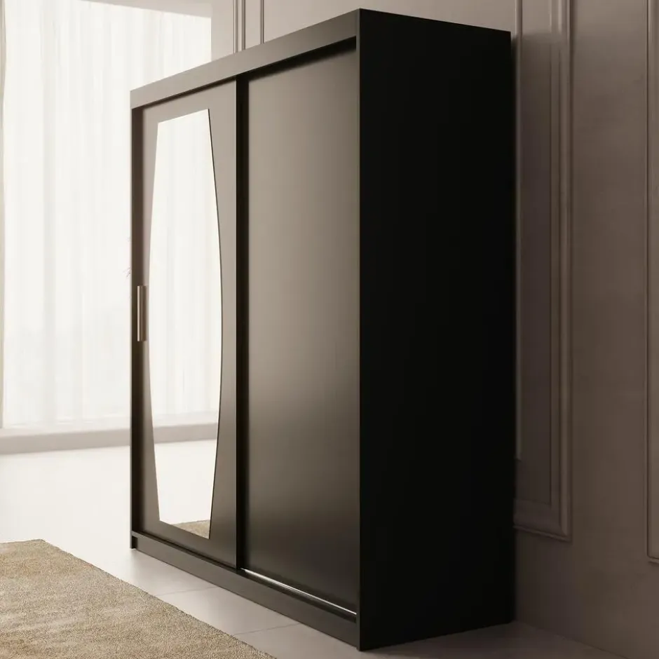 Meubella - Kledingkast Azai - Zwart - 180 cm - Met spiegel