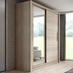 Meubella - Kledingkast Bazarre - Eiken - 205 cm - Met spiegel