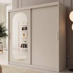 Meubella - Kledingkast Bodhi - Beige - 200 cm - Met spiegel