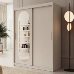 Meubella - Kledingkast Bodhi - Beige - 150 cm - Met spiegel