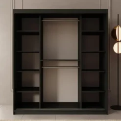 Meubella - Kledingkast Bodhi - Zwart - 180 cm - Met spiegel