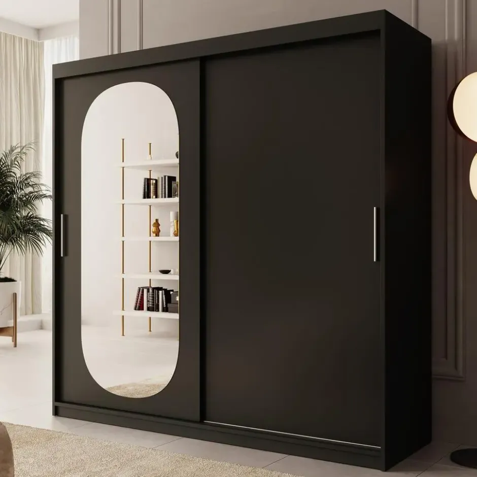 Meubella - Kledingkast Bodhi - Zwart - 200 cm - Met spiegel