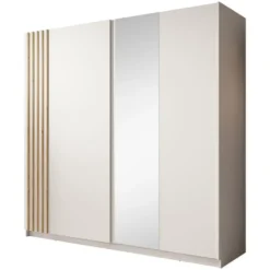 Meubella - Kledingkast Boets - Wit - Eiken - 200 cm - Met spiegel