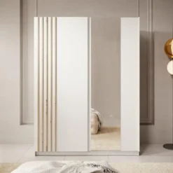 Meubella - Kledingkast Boets - Wit - Eiken - 150 cm - Met spiegel