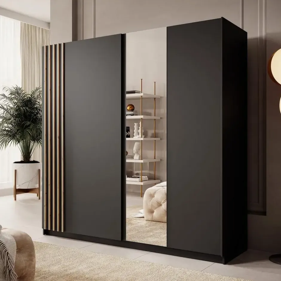 Meubella - Kledingkast Boets - Zwart - Eiken - 200 cm - Met spiegel