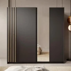 Meubella - Kledingkast Boets - Zwart - Eiken - 200 cm - Met spiegel