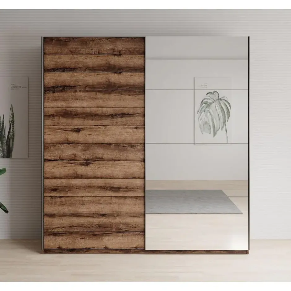 Meubella - Kledingkast Brown - Eiken - 180 cm - Met spiegel