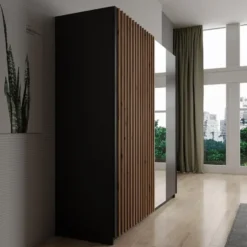Meubella - Kledingkast Deliryon - Zwart - 200 cm - Met spiegel