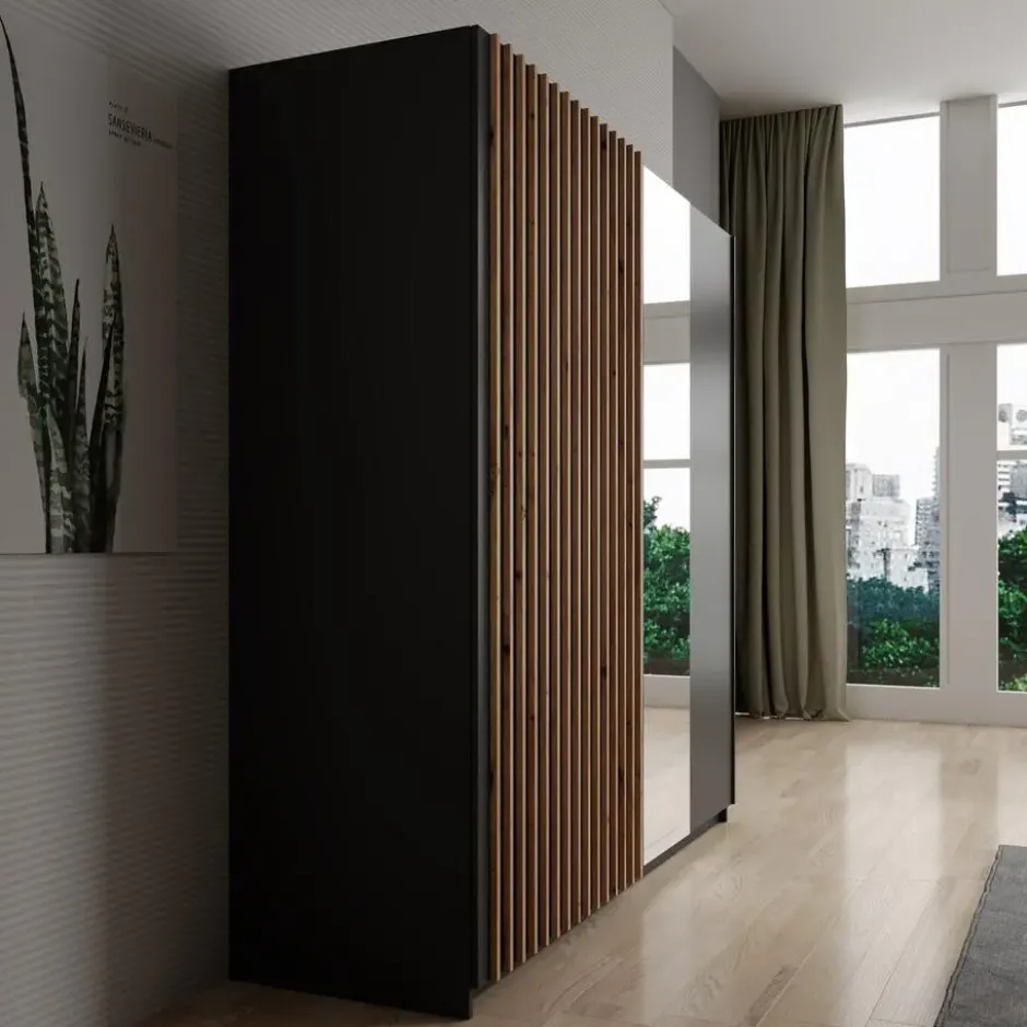 Meubella - Kledingkast Deliryon - Zwart - 200 cm - Met spiegel