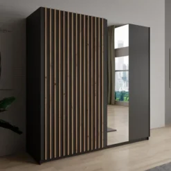 Meubella - Kledingkast Deliryon - Zwart - 200 cm - Met spiegel