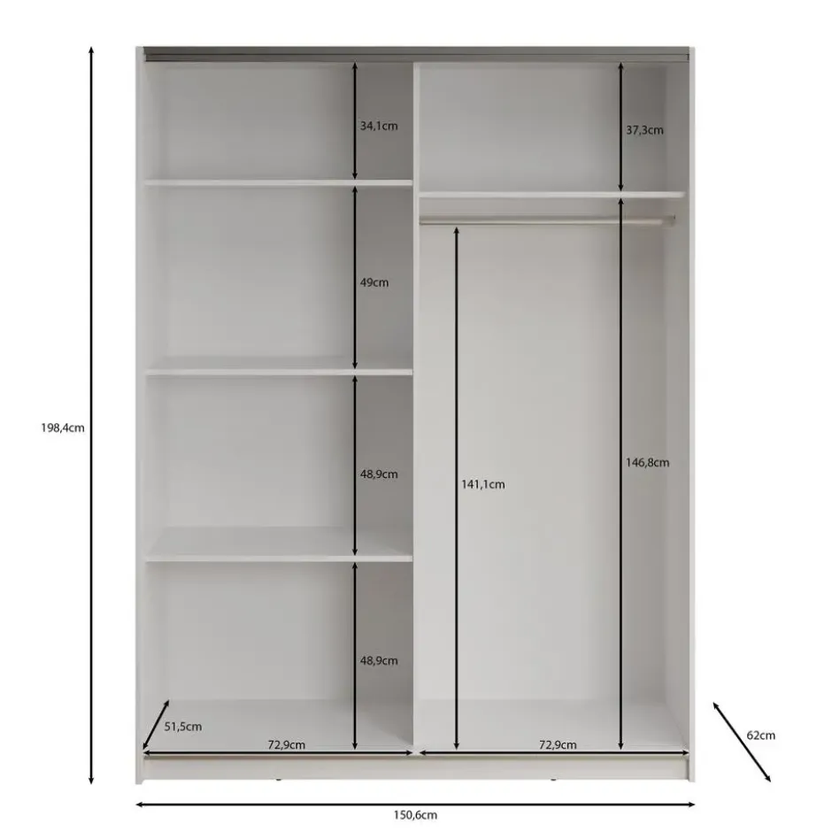 Meubella - Kledingkast Deliryon - Wit - 150 cm - Met spiegel