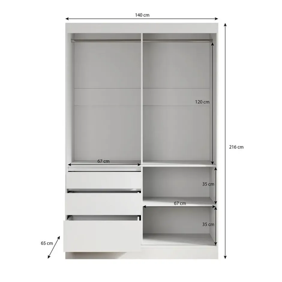 Meubella - Kledingkast Henry - Wit - 140 cm - Met spiegel