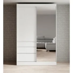 Meubella - Kledingkast Henry - Wit - 140 cm - Met spiegel