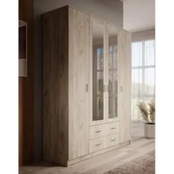 Meubella - Kledingkast Hinto - Grijs Eiken - 160 cm - Met spiegel