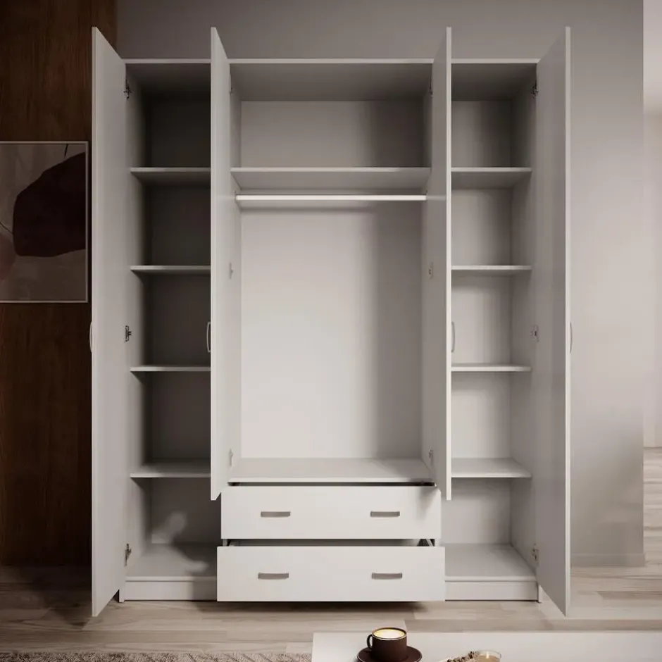 Meubella - Kledingkast Hinto - Wit - 160 cm - Met spiegel