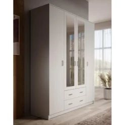 Meubella - Kledingkast Hinto - Wit - 160 cm - Met spiegel
