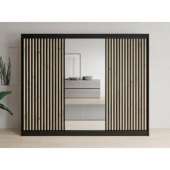Meubella - Kledingkast Lisbon 2 - Zwart - 250 cm - Met spiegel