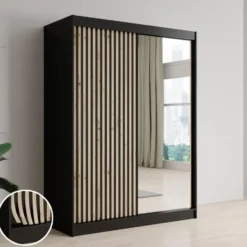 Meubella - Kledingkast Lisbon 2 - Zwart - 150 cm - Met spiegel