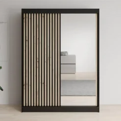 Meubella - Kledingkast Lisbon 2 - Zwart - 150 cm - Met spiegel