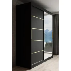 Meubella - Kledingkast Malavi 2 - Zwart - 180 cm - Met spiegel