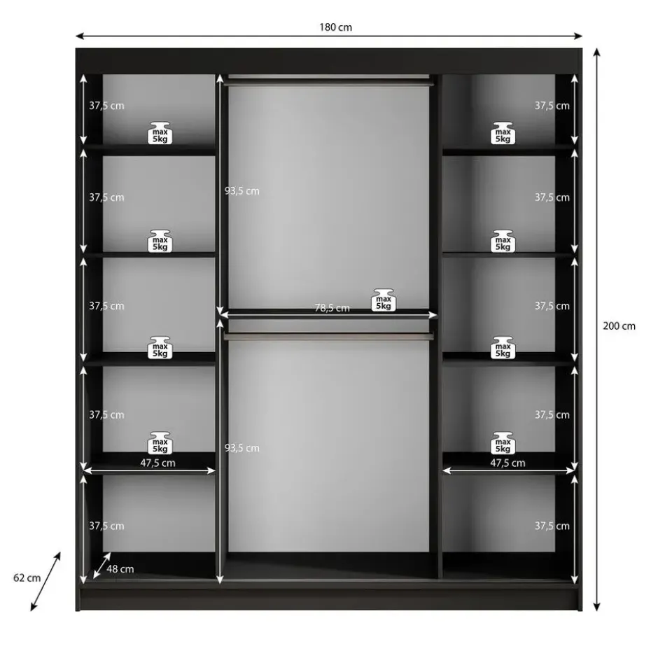 Meubella - Kledingkast Malavi 2 - Zwart - 180 cm - Met spiegel