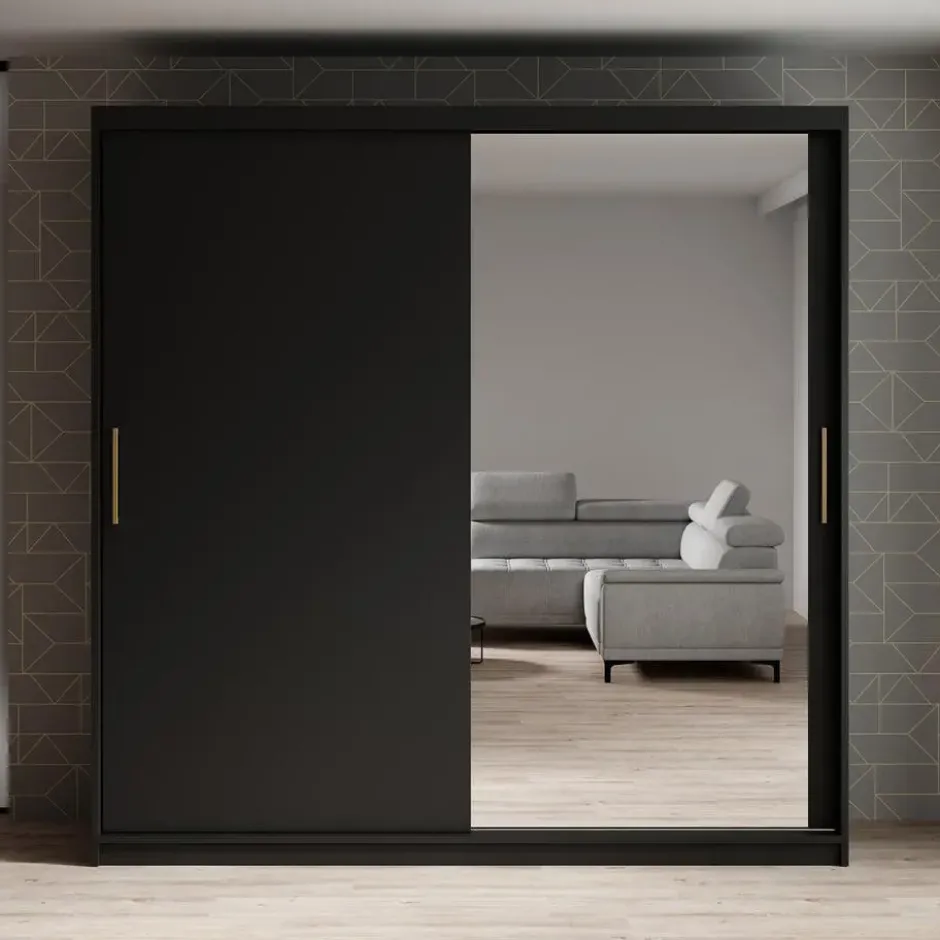 Meubella - Kledingkast Mandalin - Zwart - 200 cm - Met spiegel
