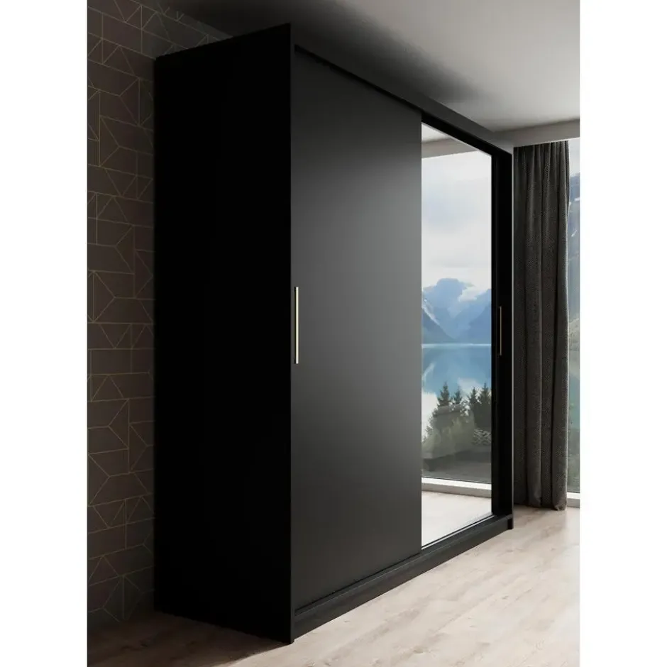 Meubella - Kledingkast Mandalin - Zwart - 200 cm - Met spiegel