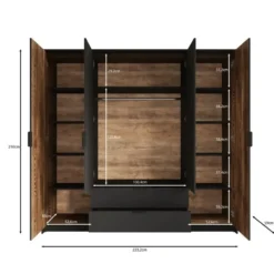 Meubella - Kledingkast Mulvey - Eiken - Antraciet - 220 cm - Met spiegel