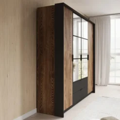 Meubella - Kledingkast Mulvey - Eiken - Antraciet - 220 cm - Met spiegel