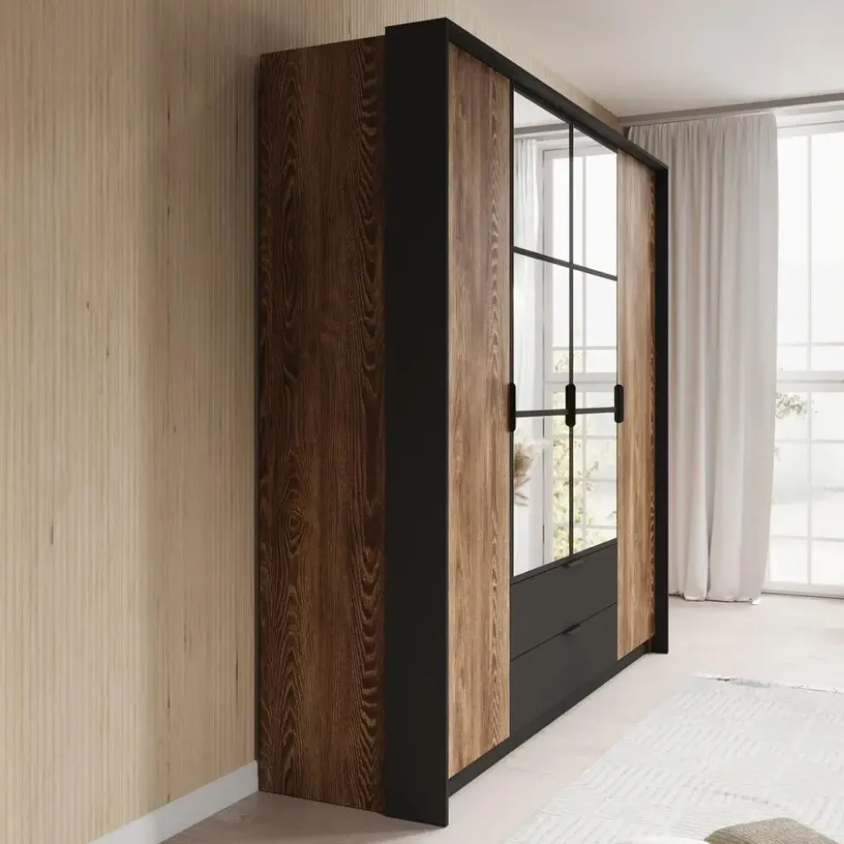 Meubella - Kledingkast Mulvey - Eiken - Antraciet - 220 cm - Met spiegel