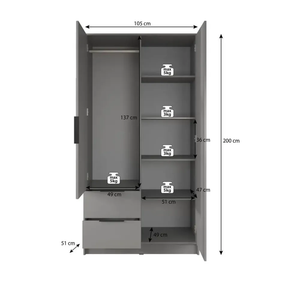 Meubella - Kledingkast Nairobi - Antraciet - Eiken - 105 cm