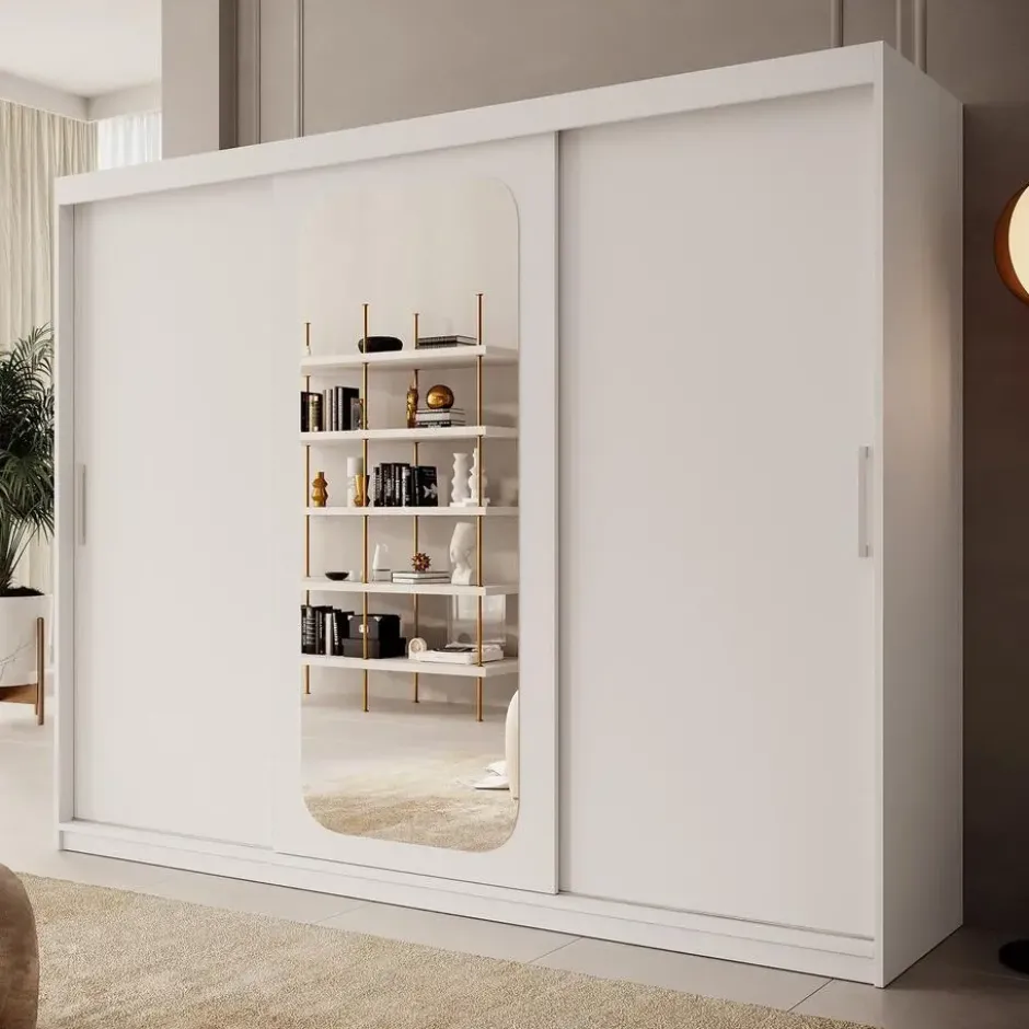Meubella - Kledingkast Pete - Wit - 250 cm - Met spiegel