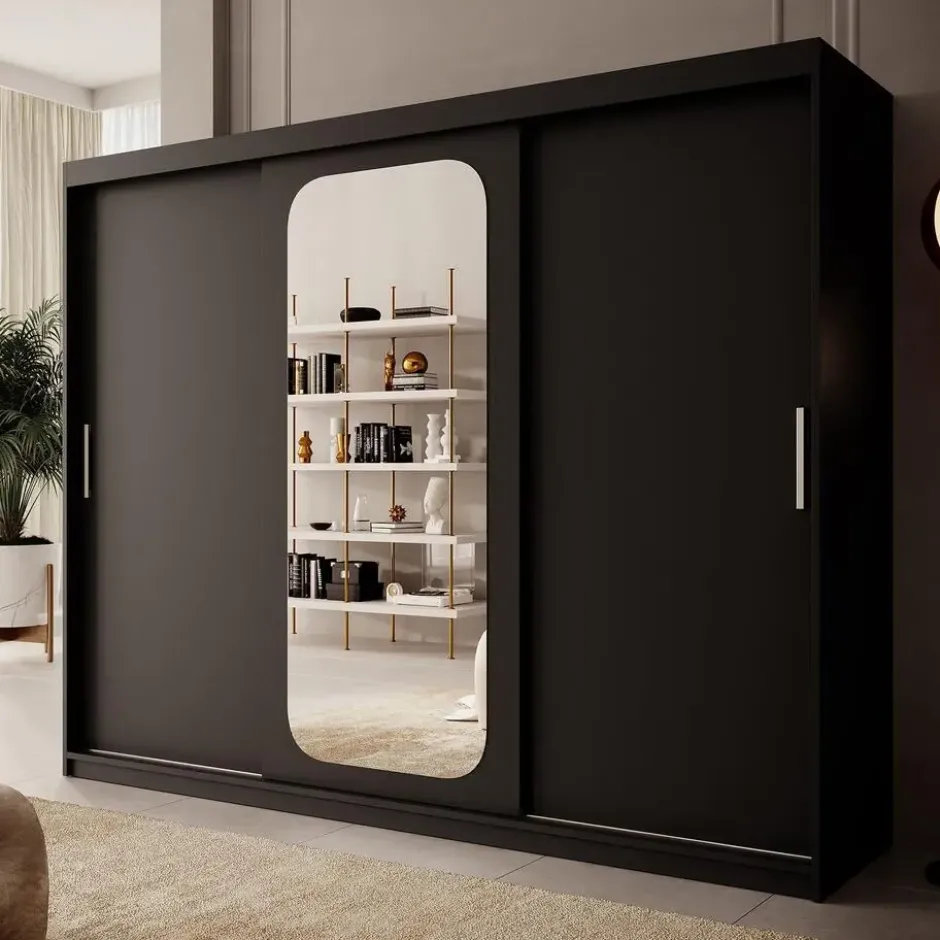 Meubella - Kledingkast Pete - Zwart - 250 cm - Met spiegel