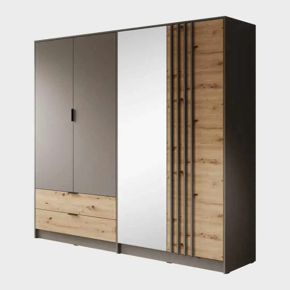 Meubella - Kledingkast Roma - Grijs - Eiken - 221 cm - Met spiegel