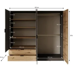 Meubella - Kledingkast Roma - Grijs - Eiken - 221 cm - Met spiegel