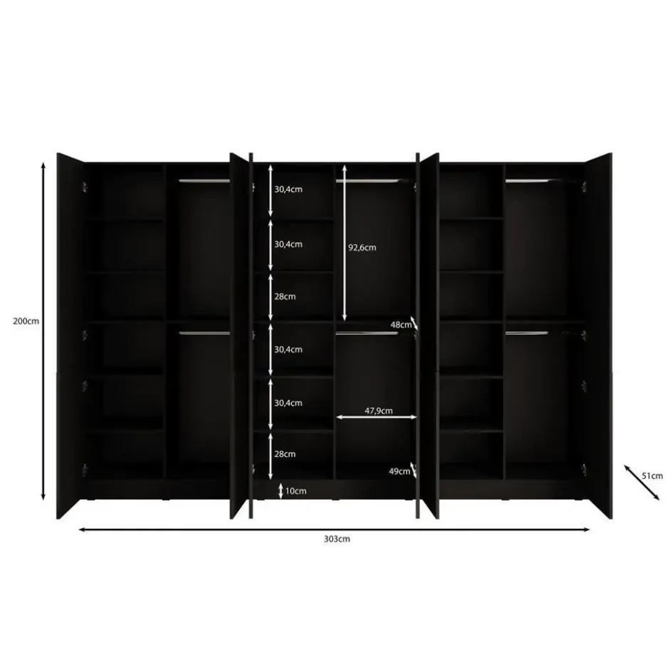 Meubella - Kledingkast Shelton - Zwart 2 - 303 cm - Met glas