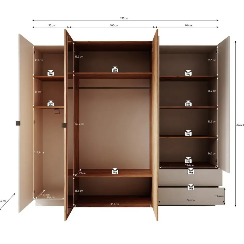 Meubella - Kledingkast Three - Wit - Eiken - 230 cm