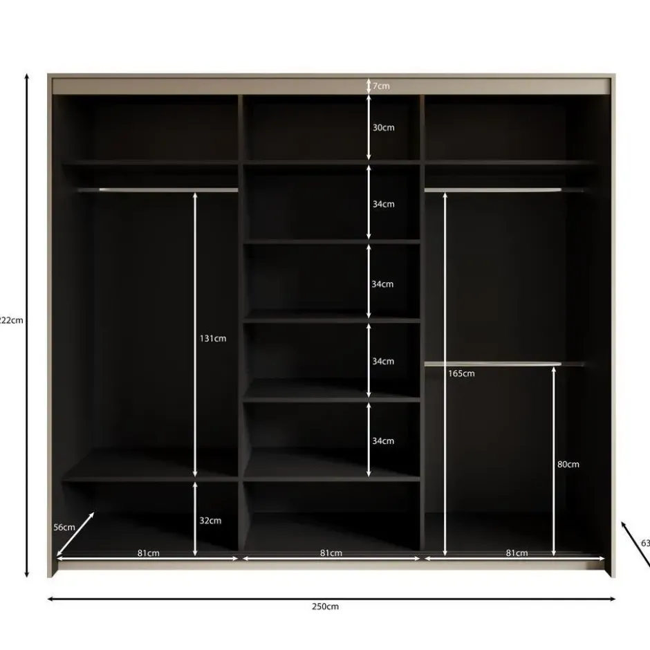 Meubella - Kledingkast Timoteo - Zwart - 250 cm - Met spiegel