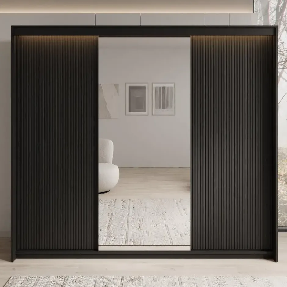 Meubella - Kledingkast Timoteo - Zwart - 250 cm - Met spiegel