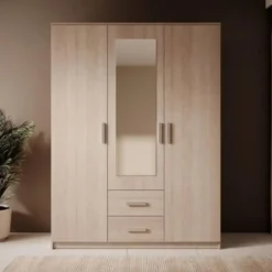 Meubella - Kledingkast Tyko - Licht eiken - 150 cm - Met spiegel